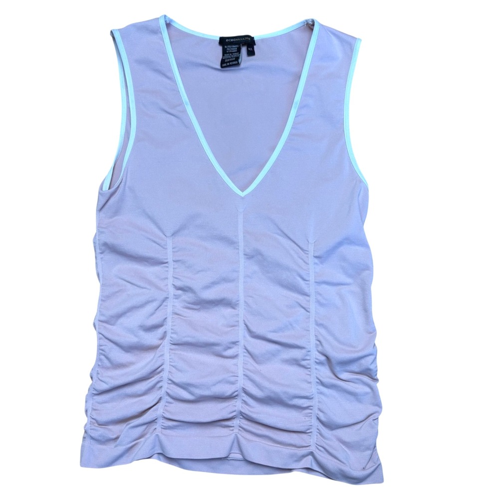 BCBG‎ Maxazria Pale Pink Ruched Tank Top Sz Medium Bodycon V-Neck White Trim
